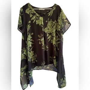 MissLook Chiffon Asymmetrical Tunic Black Green Flowers Womens XXL Short Sleeves